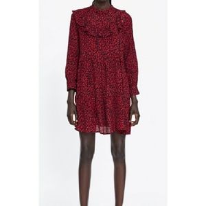 zara black and red leopard ruffle dress size small